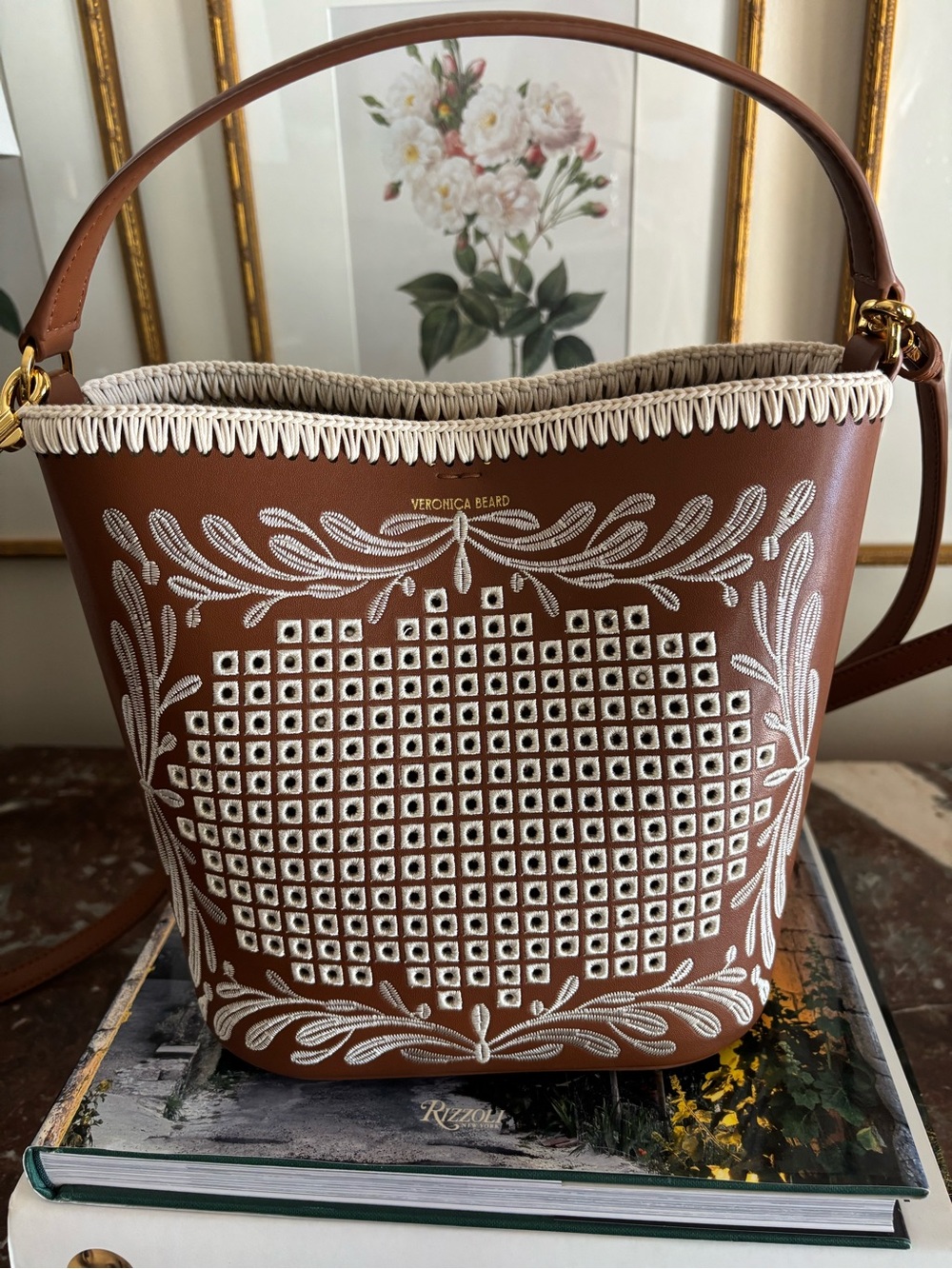Veronica Beard Small Feed Bag Embroidered Leather Top Handle